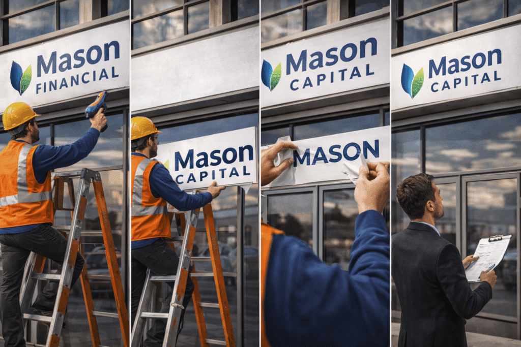 Rebranding process of Mason Capital sign